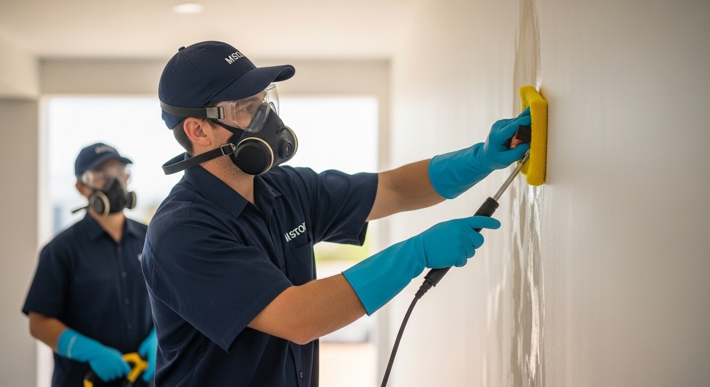 Cleaner assessing a moisture-prone area in a Darwin home during wet season